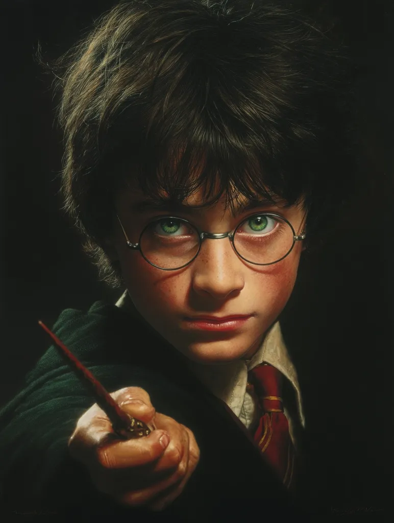 A close-up portrait of a young Harry Potter, strikingly realistic in style.  He wears round glasses and a dark green robe, his expression serious and determined.  A wand is held firmly in his hand, pointed directly at the viewer, creating a sense of magical intensity.  The dark background accentuates his features and the overall dramatic mood.
