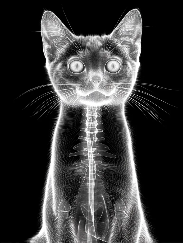 A stylized image of a kitten, rendered in grayscale.  The cat's fur is depicted with fine lines, creating a translucent effect, revealing its skeletal structure, particularly the spine, beneath. The kitten's expression is one of wide-eyed innocence, set against a pure black background. The overall effect is ethereal and slightly surreal.