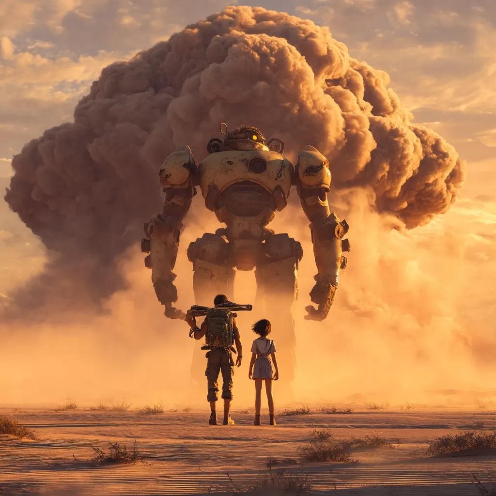 A colossal, weathered mecha looms over a desolate desert landscape, a massive plume of smoke or dust erupting behind it.  Two figures, a young man and woman, stand small in the foreground, facing the giant robot. The setting sun casts a warm, orange glow across the scene, creating a dramatic and somewhat ominous atmosphere.  The image suggests a post-apocalyptic or science fiction setting.