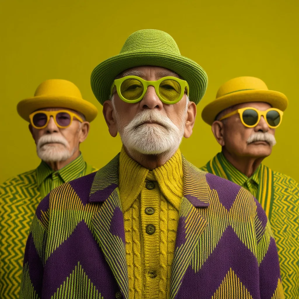 Three stylish senior men, each wearing a vibrant yellow and green patterned outfit, stand against a lime green backdrop.  The central figure is the focus, wearing a matching green hat and lime-colored sunglasses.  The men flanking him sport similar yellow hats and sunglasses, creating a visually striking and coordinated ensemble.  Their expressions are serious and composed.
