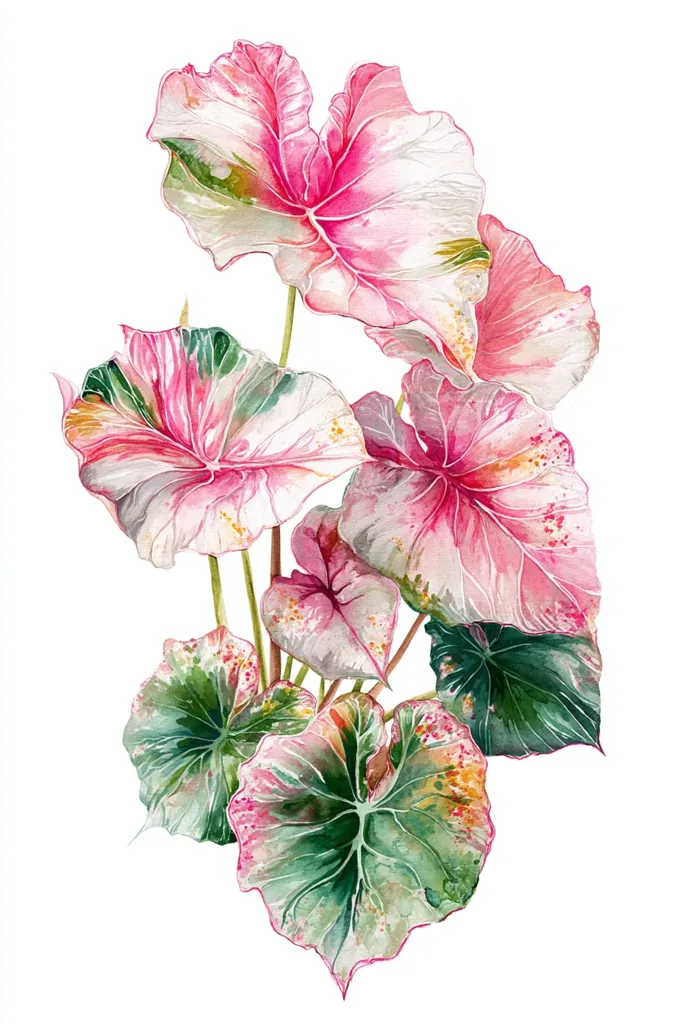 A watercolor painting showcases a cluster of Caladium leaves.  The leaves are predominantly pink and white, with splashes of green, creating a vibrant, variegated effect.  Delicate details highlight the veins and subtle color variations within each leaf.  The artwork is set against a stark white background, emphasizing the tropical beauty of the foliage.