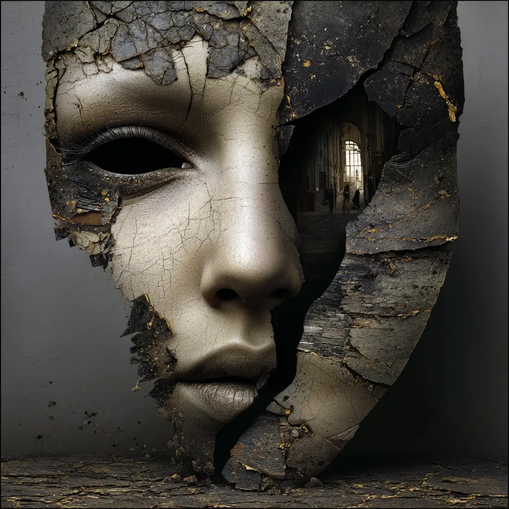 A fractured, sculpted face reveals a glimpse of a dimly lit church interior through a crack.  The mask-like visage is rendered in shades of gray and black, emphasizing the weathered texture of the material. The contrast between the smooth, almost ethereal face and the rough, broken surface creates a striking visual effect, suggesting themes of vulnerability, hidden memories, or internal conflict.  The image is dark and moody, evoking a sense of mystery.