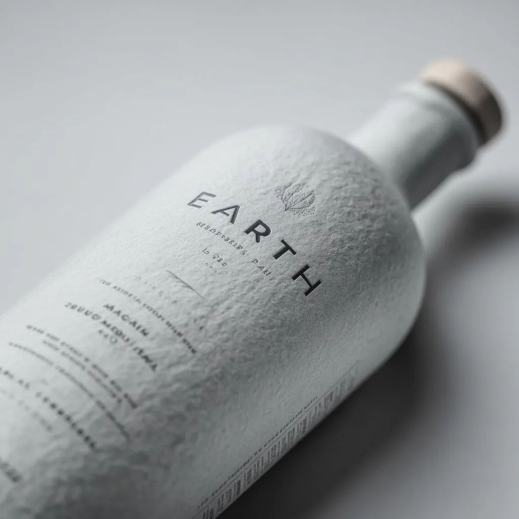 A close-up shot reveals a bottle with a textured, off-white label.  The word "EARTH" is prominently displayed in a minimalist sans-serif font.  Subtle text indicates "BRYGGERIETS PARI" and other details, possibly describing the product's origin and contents. The bottle's simple design and muted color palette convey a sense of natural elegance.  A wooden stopper tops the bottle.