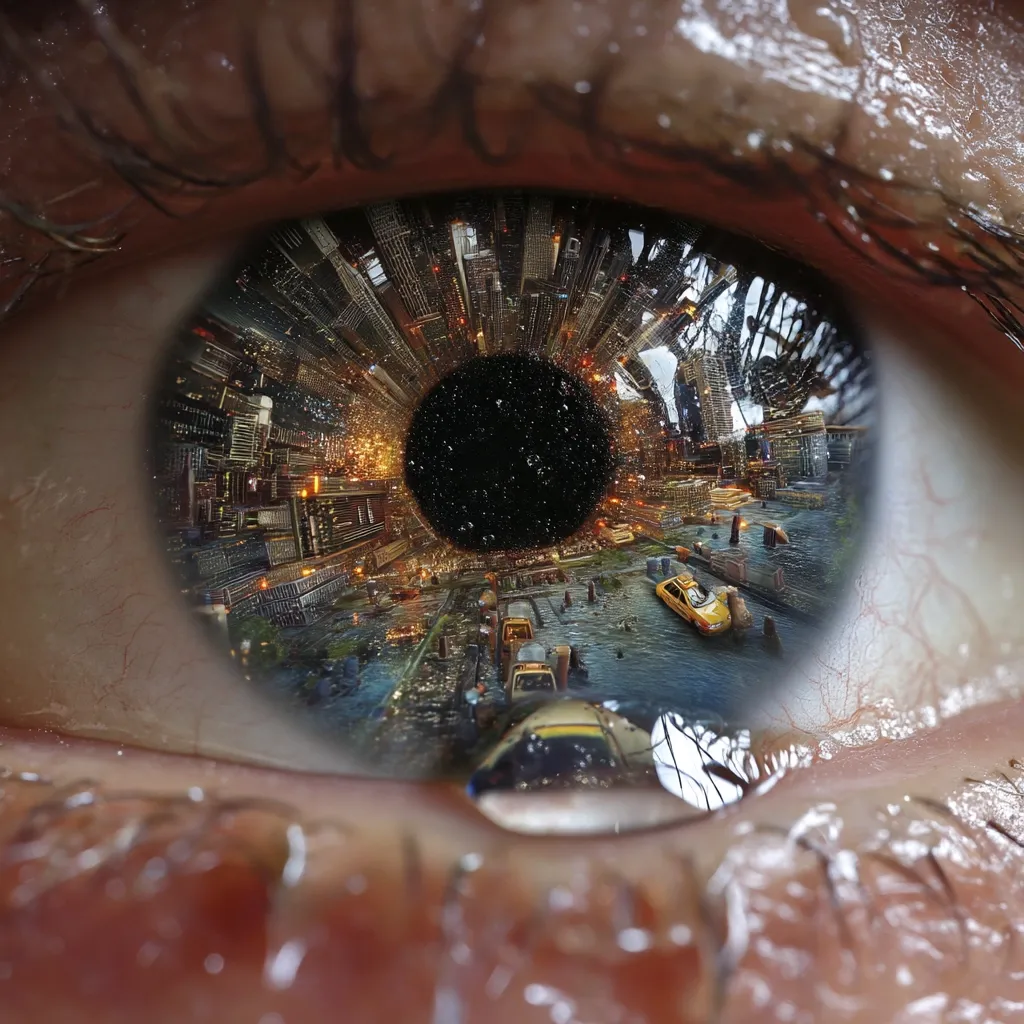 A close-up of an eye reveals a city skyline reflected in the pupil.  The cityscape, seemingly drawn into a vortex, is detailed and vibrant, contrasting with the wet, glistening texture of the surrounding skin.  Yellow cabs are visible on a waterway, adding a surreal touch to this captivating image that blends macro photography with a fantastical urban landscape.  A single tear adds to the emotional impact.