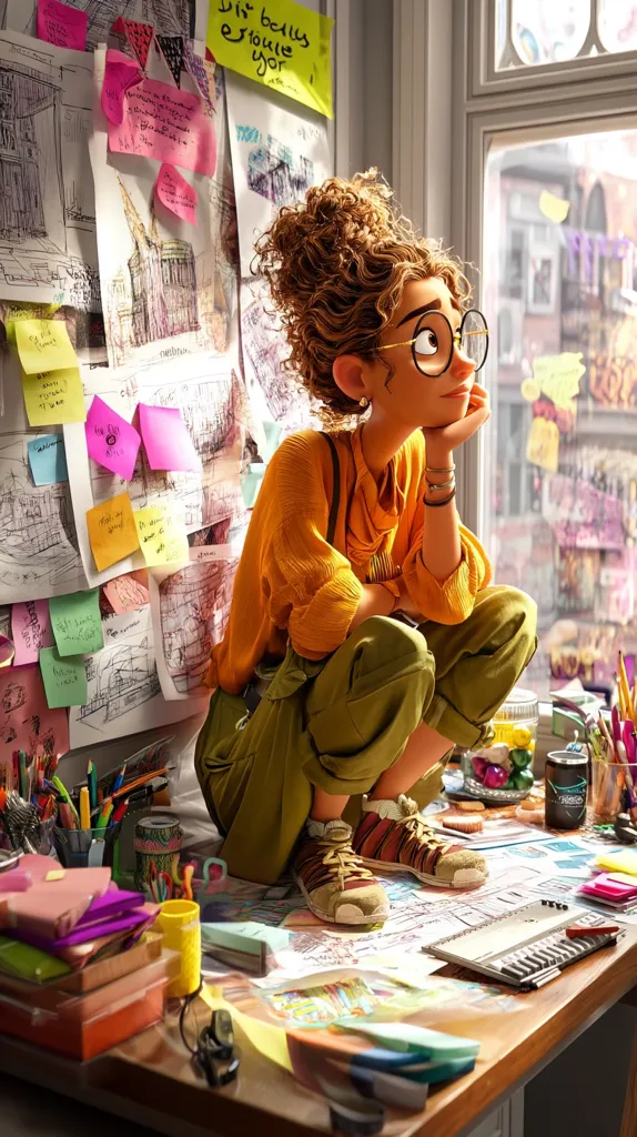 A young woman with curly brown hair and glasses sits cross-legged on a cluttered desk, lost in thought.  She's wearing an orange top and olive green pants. The wall behind her is covered in sketches, drawings, and numerous colorful sticky notes, suggesting an artistic workspace.  The desk is overflowing with art supplies, papers, and other creative paraphernalia. Sunlight streams in from a window behind her.