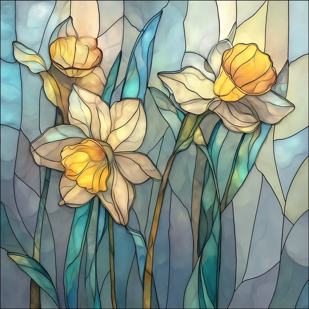 A stylized stained-glass depiction of three daffodils.  The flowers are rendered in soft cream and yellow tones against a background of muted blues and greens.  The style mimics the effect of leaded glass, with distinct lines outlining the petals, leaves, and background creating a geometric pattern. The overall effect is delicate and elegant.
