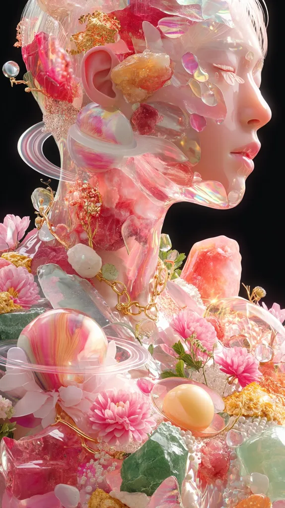 A digital artwork depicts a stylized female head and shoulders, seemingly encased in translucent pink resin.  The form is adorned with pink and gold crystals, delicate flowers, and iridescent spheres, creating a dreamy, ethereal aesthetic.  The overall impression is one of delicate beauty and otherworldly elegance.  A gold chain necklace adds a touch of luxury to the composition.