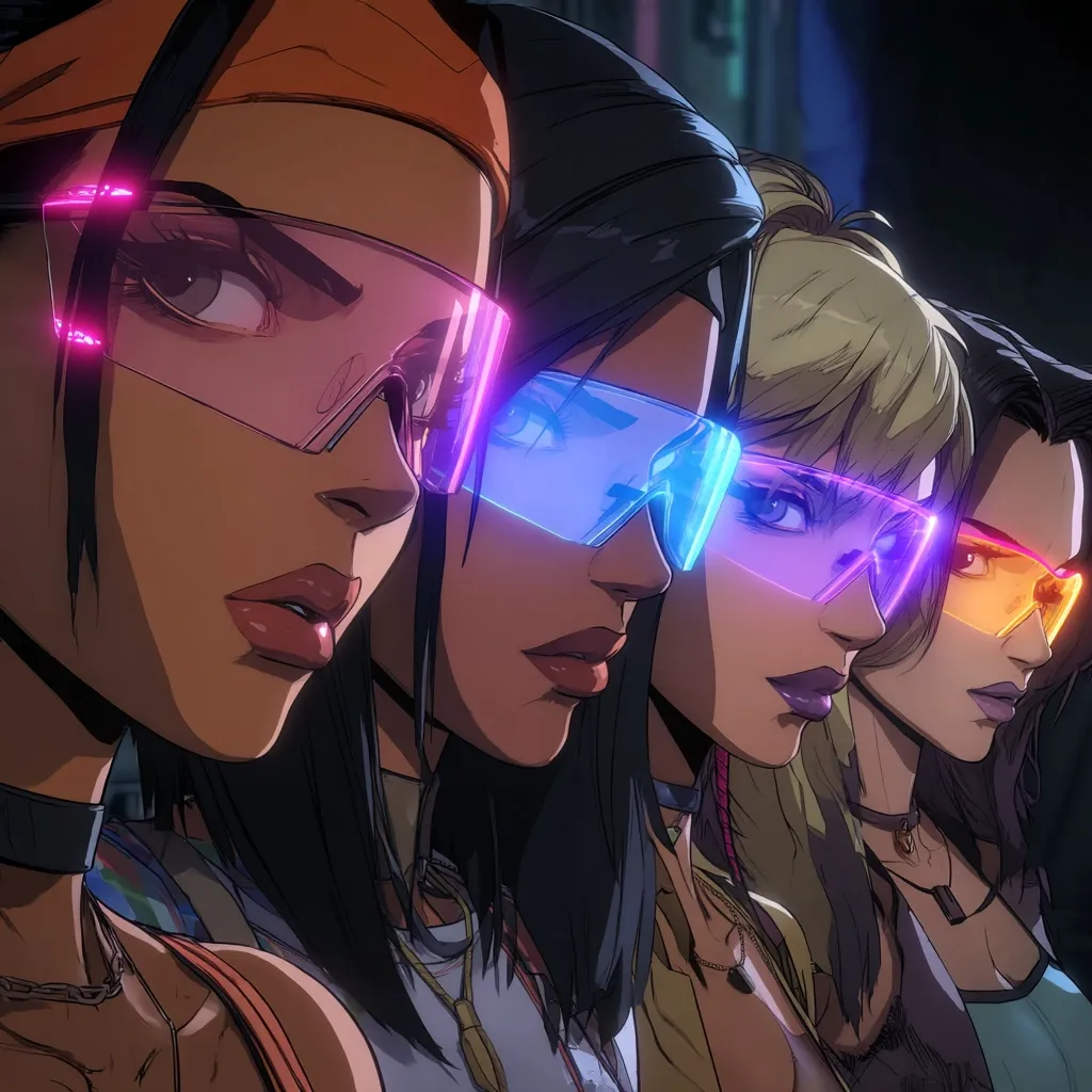 A stylized illustration showcases four women, each with distinct hairstyles and neon-colored sunglasses.  Their expressions are serious and intense. The art style is reminiscent of anime or graphic novels, with bold outlines and vibrant color palettes. The women appear to be a cohesive group, possibly a team or squad, standing shoulder to shoulder. The background is dark and blurred, focusing attention on the women in the foreground.