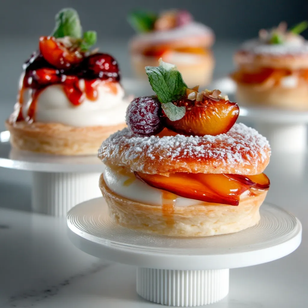 Three delectable pastries are artfully arranged on tiered white stands.  The centerpiece is a puff pastry filled with cream and topped with sugared fruit.  Flanking it are similar, but slightly different pastries, one with a dark berry compote and another with a lighter fruit topping.  All pastries are dusted with powdered sugar, showcasing a sophisticated dessert presentation.