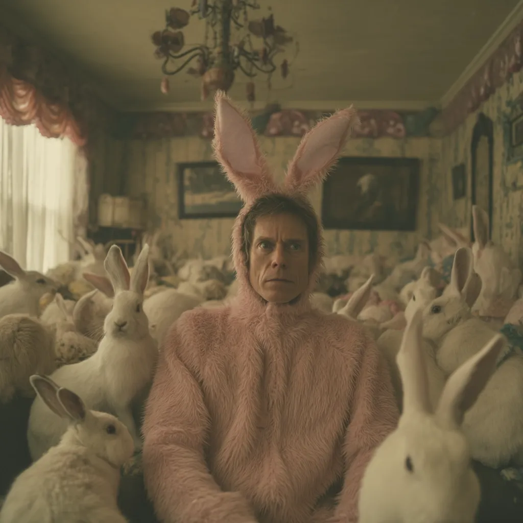 A man in a pink bunny costume sits amidst a multitude of white rabbits.  He has a serious expression. The setting appears to be a dimly lit, antique-furnished room. The overall mood is unsettling and surreal. The image evokes a sense of unease and perhaps a commentary on conformity or the absurd.