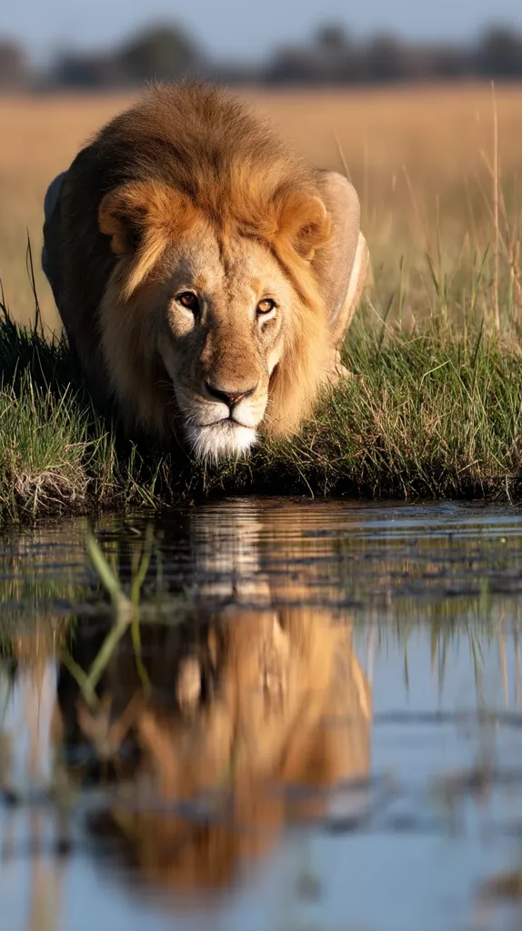 A majestic male lion with a thick, golden mane is captured in a stunning close-up.  He lies low to the ground, his gaze directed towards a calm body of water, creating a near-perfect reflection.  The lion's expression is serene, his surroundings a tranquil blend of grass and a still, reflective pool.  The setting suggests a savanna or grassland habitat, bathed in soft, natural light.