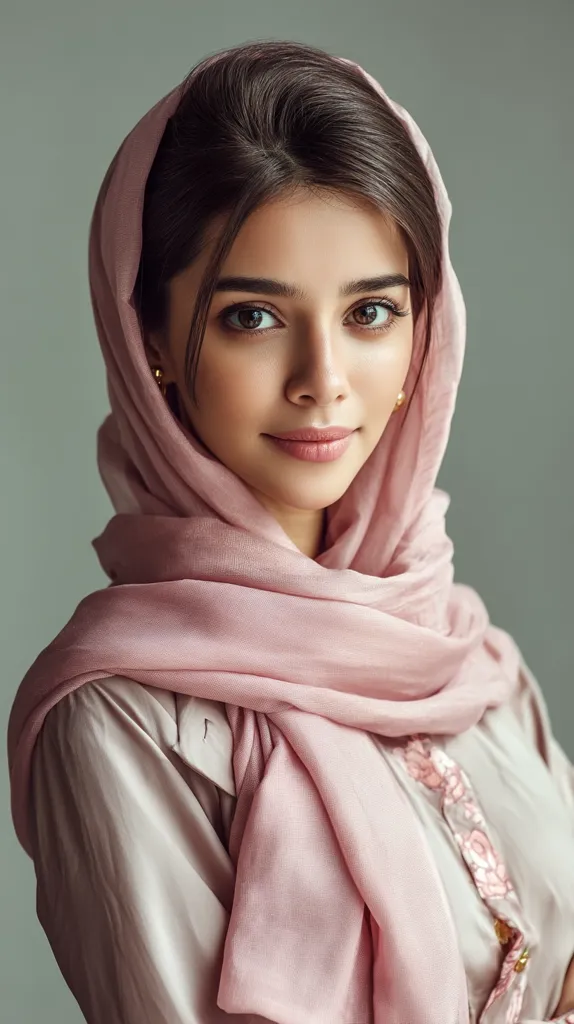 A young woman with dark brown hair, styled neatly, is elegantly draped in a soft, blush-pink headscarf. Her large, expressive brown eyes and gentle smile create a captivating portrait. The neutral background emphasizes her beauty and the delicate texture of her clothing.  The overall impression is one of grace and serenity.