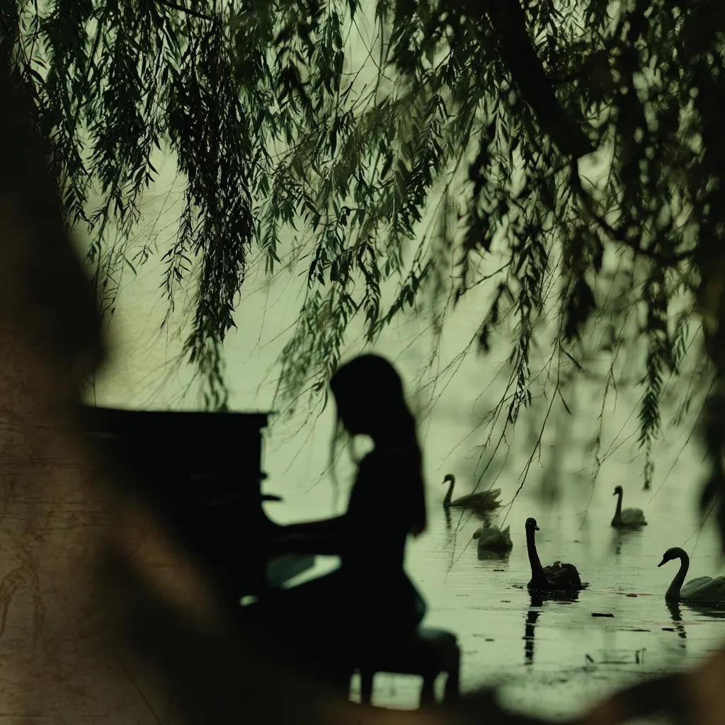A silhouetted woman plays a piano under a weeping willow tree.  The tranquil scene is reflected in a calm body of water where several swans float serenely.  The overall mood is peaceful and melancholic, emphasizing the mystery of the shadowy figure and the serene beauty of nature.  The image has a vintage or slightly faded aesthetic.