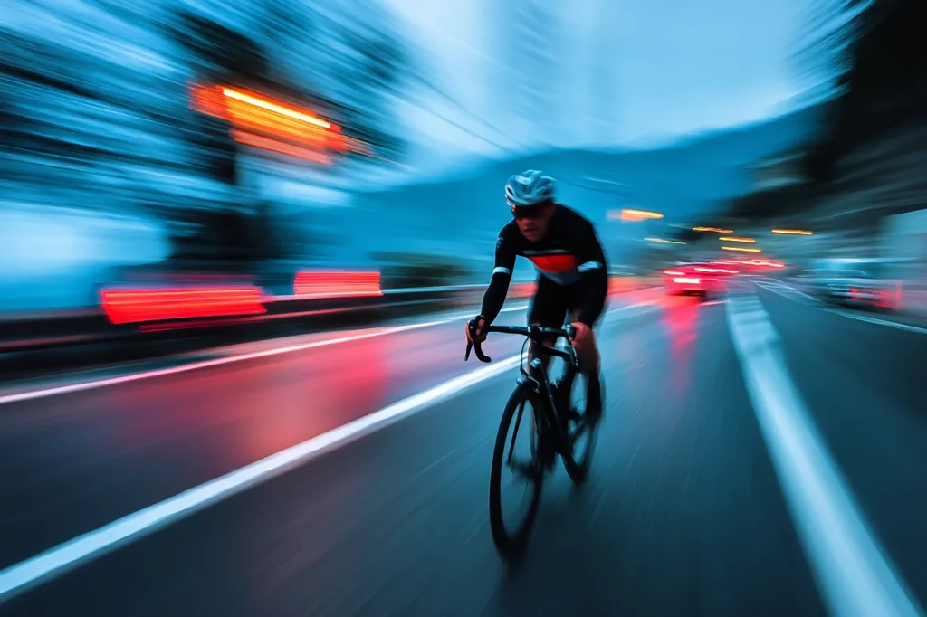 A cyclist in dark clothing speeds down a highway at dusk.  Blurred motion conveys high speed, with streaks of light from passing cars and streetlights creating a dynamic visual effect. The cyclist is focused, head down, maintaining a strong posture on their road bike.  The overall scene is vibrant and energetic.