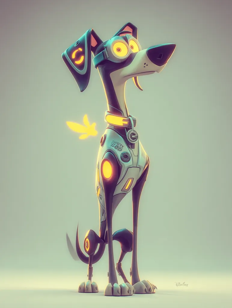 A stylized, futuristic canine stands against a muted background.  Its sleek, robotic body is predominantly white and black, accented with glowing yellow details.  The dog wears goggles and a collar, and its tail is a stylized, glowing yellow appendage.  The overall aesthetic is one of playful sci-fi, with a charmingly cartoonish rendering.  The dog's expression is curious and alert.