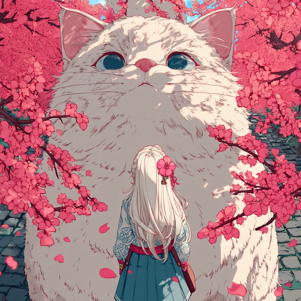 A young girl with long blonde hair, adorned with a pink flower, stands before an enormous, fluffy white cat.  The cat is incredibly large, dwarfing the girl.  They are surrounded by a blossoming pink cherry tree, petals falling gently around them. The scene is serene and whimsical, with a fantastical, anime-style aesthetic.  The overall tone is peaceful and slightly magical.