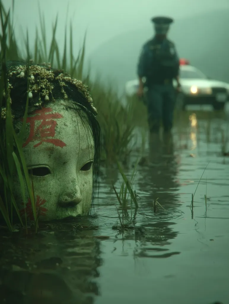 A weathered, partially submerged mask, adorned with small white flowers, rests in murky water amidst tall grasses.  A blurred figure in a police uniform stands in the background, near a partially visible police car. The scene evokes a sense of mystery and unease, possibly hinting at a crime or supernatural event. The overall atmosphere is dark and moody.