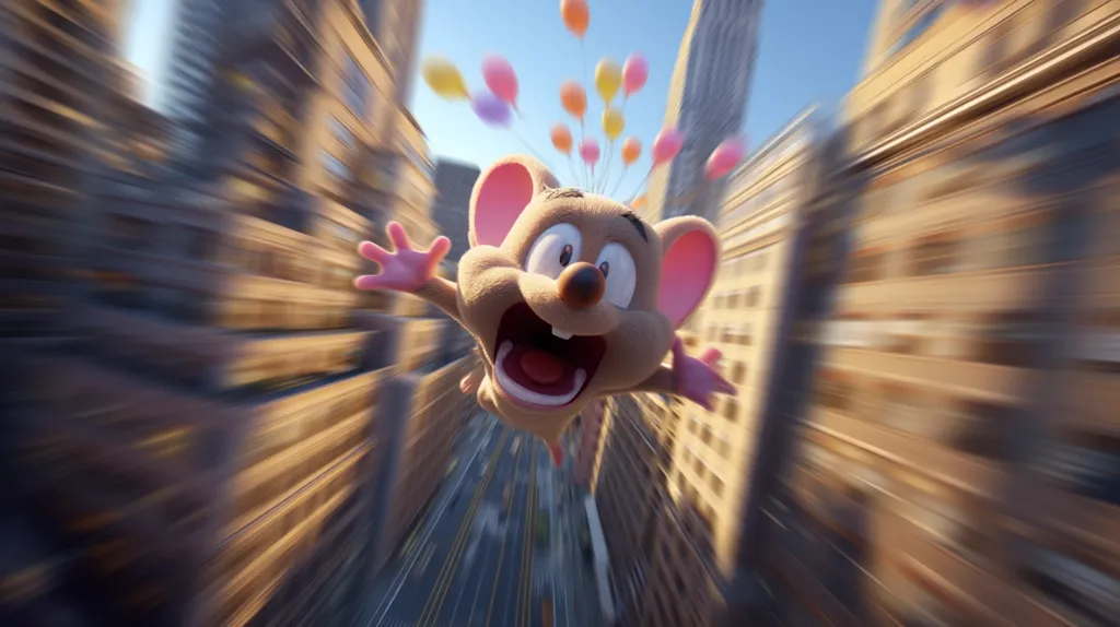 A cartoon mouse with large pink ears and paws is shown falling through a city street, surrounded by a blur of motion.  Colorful balloons trail behind it. The mouse's expression is one of surprise or fear, its mouth wide open. The background suggests a fast-paced, dynamic scene. The overall style is animated and playful.