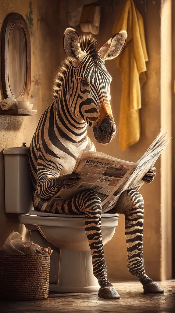 A zebra sits on a toilet in a bathroom, reading a newspaper.  The bathroom has a rustic feel with a woven wastebasket and a yellow towel hanging on the wall.  The zebra's striped legs are clearly visible, and its posture is relaxed as it peruses the newspaper. The scene is humorous and surreal, juxtaposing a wild animal with a domestic setting.