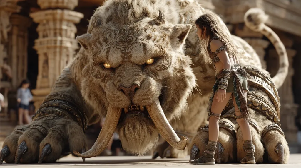 A young woman stands before a massive, snarling,  sabre-toothed beast adorned with intricate golden ornamentation.  The creature's immense size dwarfs the woman, who is clad in warrior-like attire. The background suggests an ancient, possibly Indian, setting with stone architecture. The scene evokes a sense of power and potential conflict.