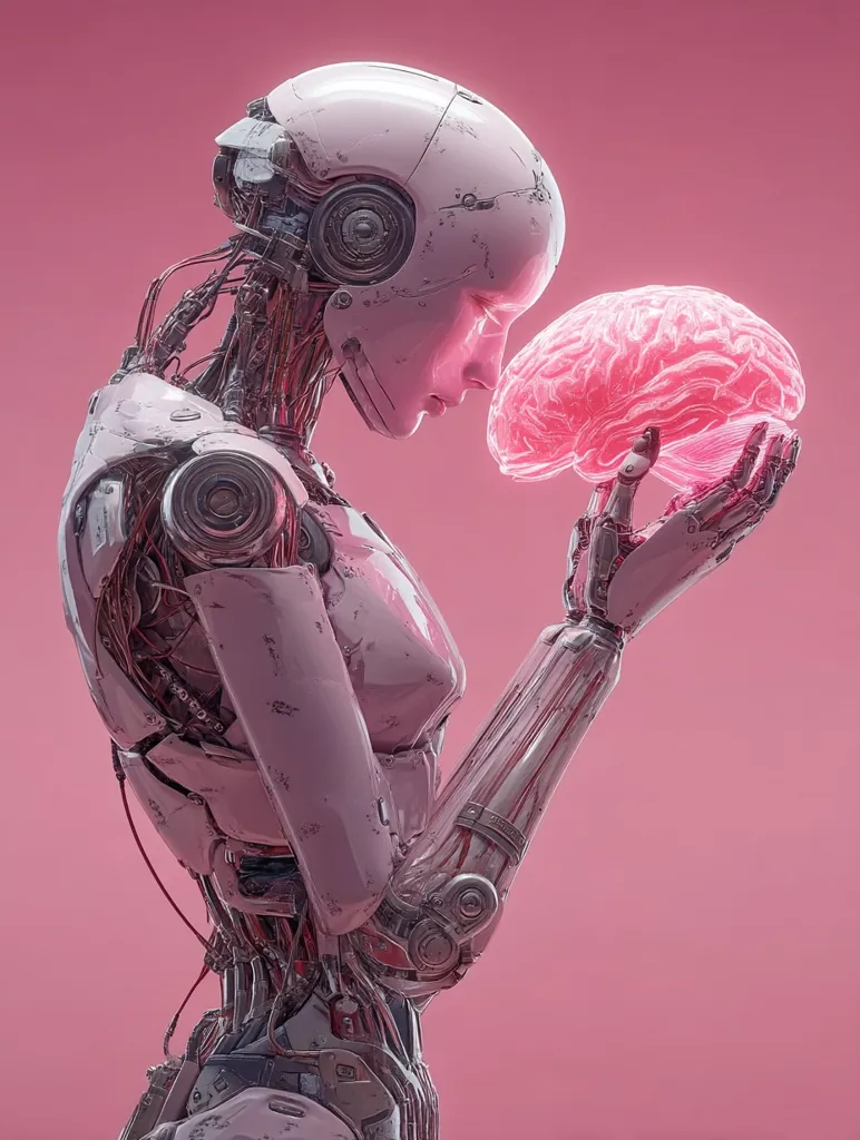 A pink, female-form robot delicately holds a glowing pink brain.  Its intricate mechanical structure is visible, contrasting with its smooth, almost human-like exterior. The image evokes themes of artificial intelligence, consciousness, and the potential for robots to understand human intellect. The pink background enhances the soft, almost ethereal quality of the scene.
