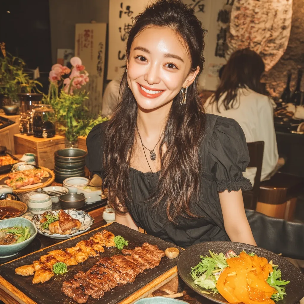 A young woman with long dark hair smiles at the camera. She's dressed in a black off-the-shoulder blouse and is seated at a table laden with Japanese food.  Grilled meats, including sliced beef and what appears to be chicken, are prominently featured on a dark stone platter.  A side salad is also visible. The background suggests a bustling restaurant setting with Asian calligraphy on the wall.