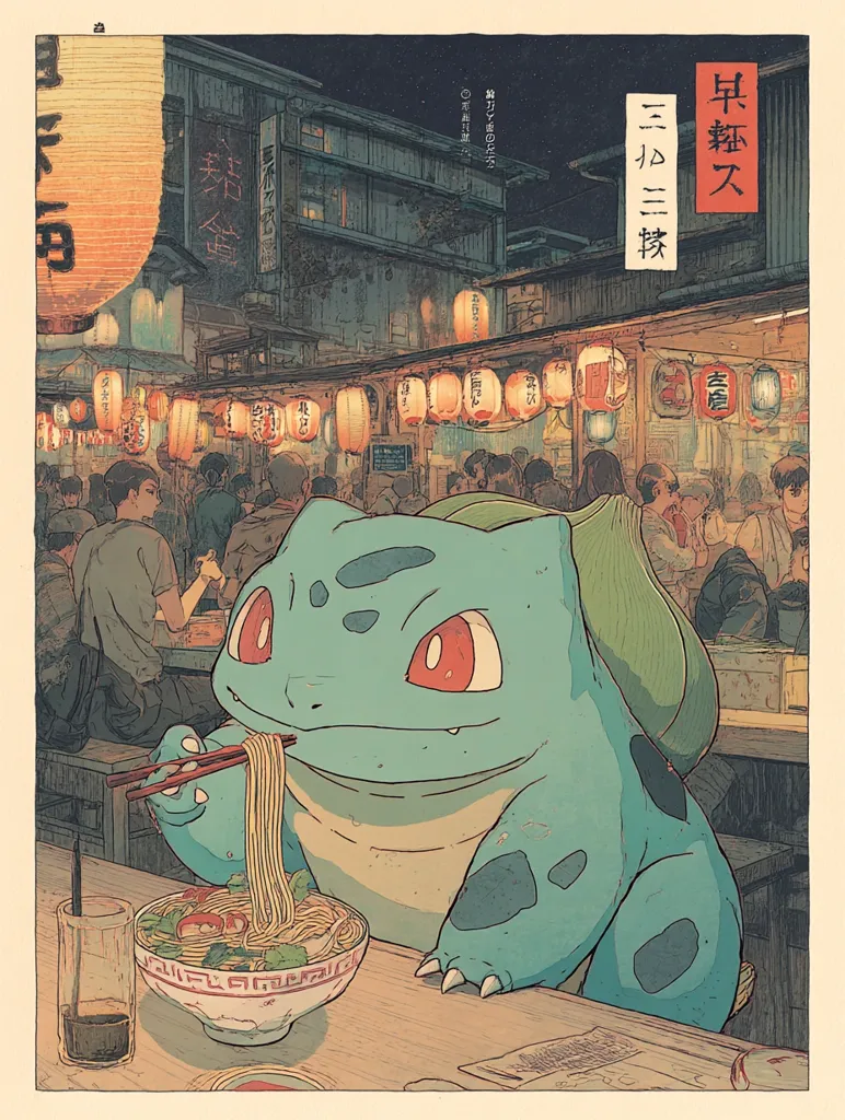 A whimsical illustration in a ukiyo-e style depicts Bulbasaur, the Pokémon, enjoying a bowl of ramen at a bustling Japanese night market.  Warm-toned lighting illuminates the scene, with paper lanterns hanging overhead.  The Pokémon delicately uses chopsticks, showcasing a serene and charming moment within a vibrant, atmospheric setting.  The artwork blends Japanese culture with popular character design.