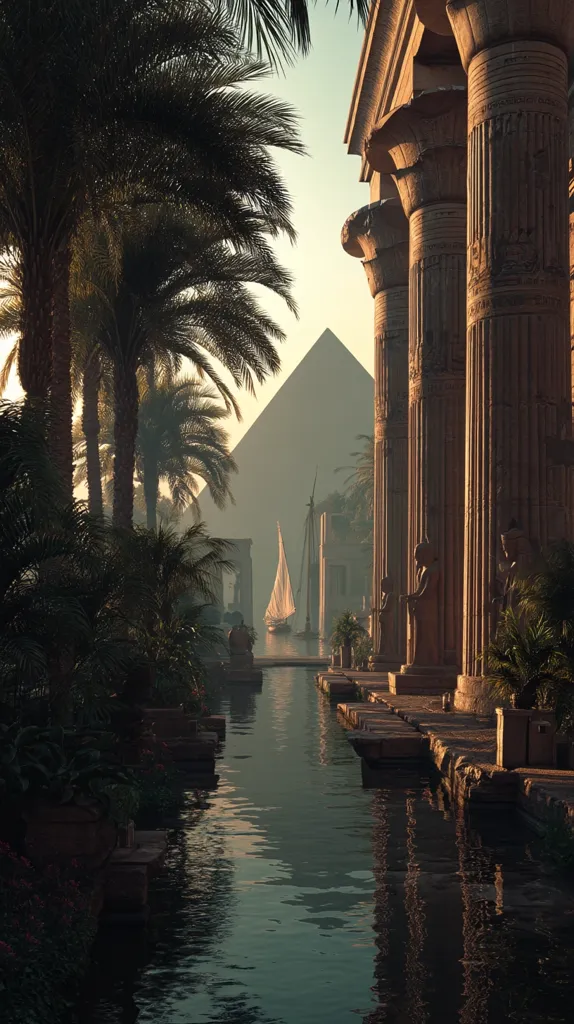 A tranquil waterway flows through a lush, ancient Egyptian-themed landscape.  Palm trees line the canal's edge, their shadows stretching across the calm water.  Imposing columns of a grand temple stand on either side, overlooking a distant pyramid. A sailboat glides serenely on the water, adding to the serene and mystical atmosphere. The scene is bathed in the warm glow of sunrise or sunset.