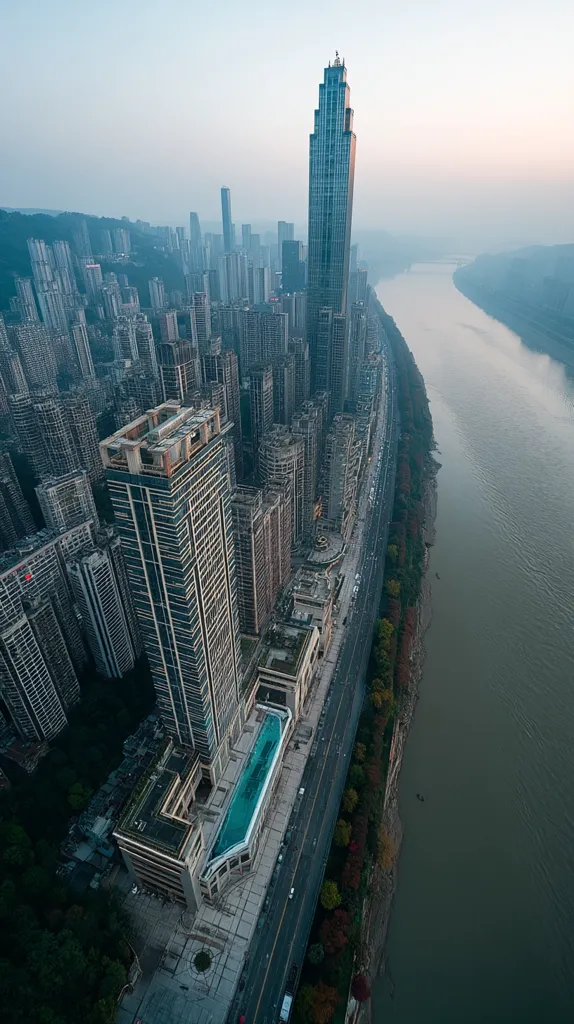 An aerial view captures a city's skyline at dawn, showcasing a river curving alongside a road lined with high-rise buildings. A prominent skyscraper dominates the scene, its sleek design contrasting with the dense urban landscape.  A rooftop infinity pool is visible on one of the buildings, adding a touch of luxury to the cityscape. The hazy atmosphere softens the colors, creating a serene yet dynamic composition.
