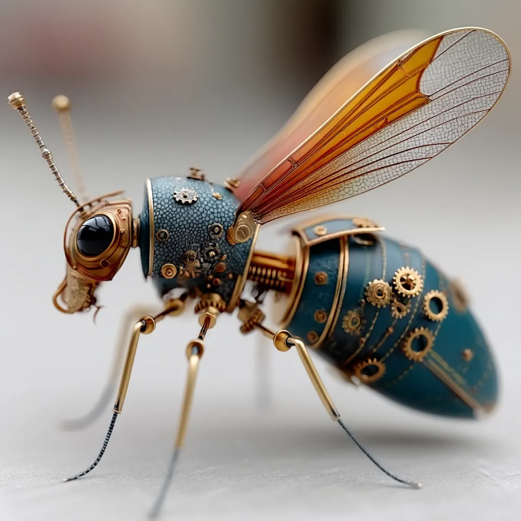 A meticulously crafted steampunk wasp model is showcased. Its body is a teal-blue, adorned with gold gears and intricate brass detailing.  The wings are a translucent amber, adding a striking contrast. The tiny, detailed craftsmanship highlights the artist's skill in creating this miniature work of art.  The image focuses on the intricate details of the mechanical insect.