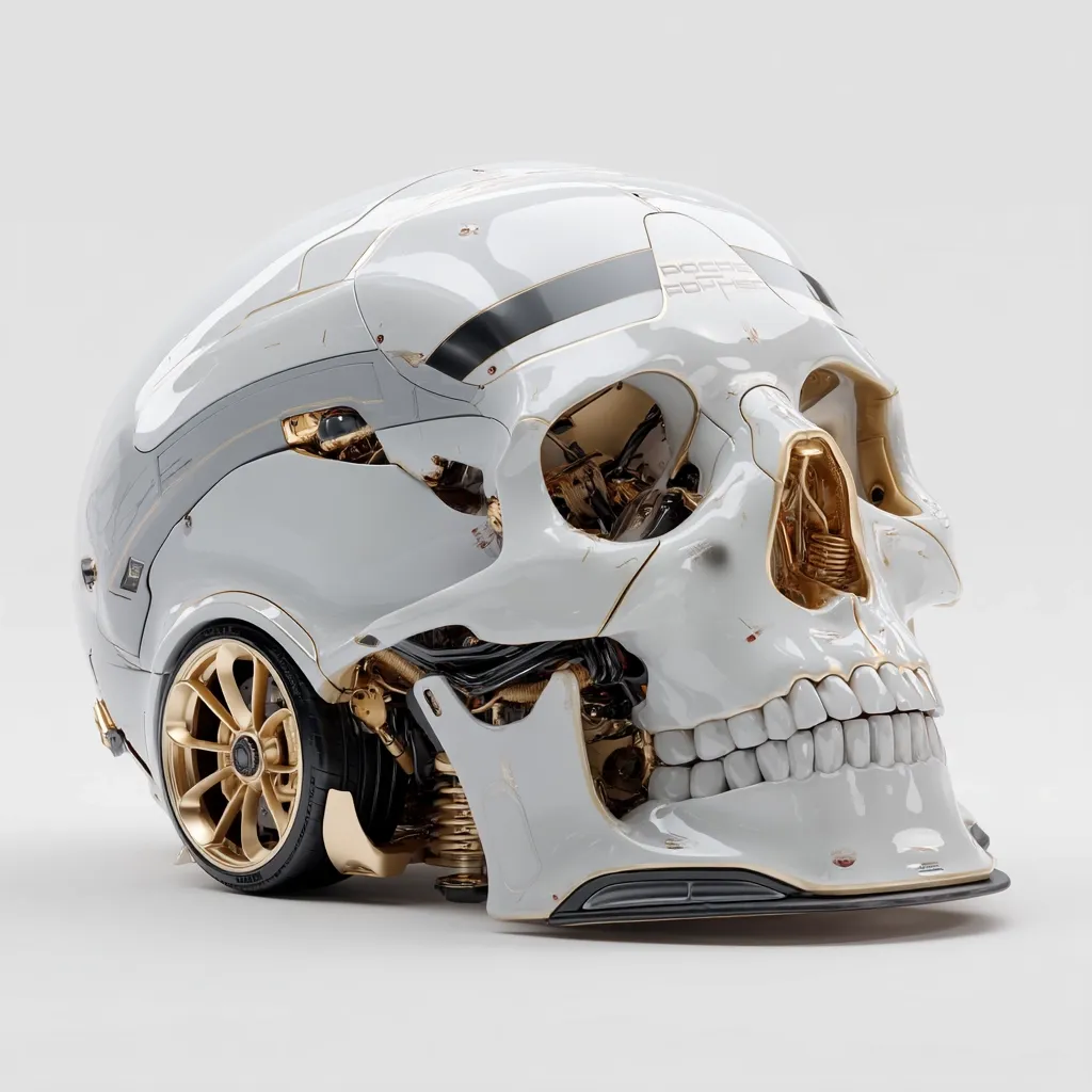 A digital rendering showcases a stylized skull meticulously crafted to resemble a futuristic vehicle.  The skull's bone structure is rendered in off-white, accented by gold-colored internal mechanisms and a single, gold-rimmed wheel.  Black detailing adds depth to the design. The overall aesthetic blends anatomical elements with advanced technological components, creating a striking, biomechanical image.