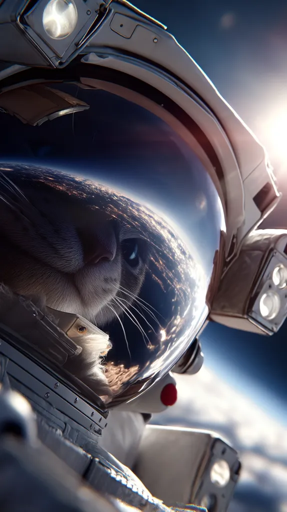 A close-up shot reveals a cat's face reflected in the visor of an astronaut's helmet.  The helmet is sleek and metallic, with lights and equipment visible.  Earth's curved surface, showing city lights and the dark expanse of space, is mirrored in the visor. The image blends the surreal with the realistic, creating a captivating juxtaposition of a feline astronaut and the vast cosmos.
