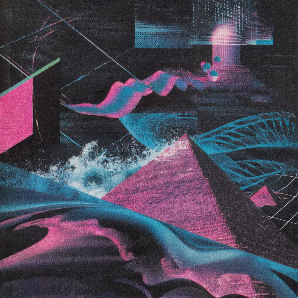 A vibrant, surreal collage in neon pink and teal.  Geometric shapes, including a prominent pyramid, are overlaid on a dark background.  Waves crash against the pyramid, and abstract, flowing forms suggest movement and energy.  Digital elements, like glowing grids and spheres, add a futuristic feel to the retro-inspired aesthetic. The overall effect is a dreamlike, dynamic composition.