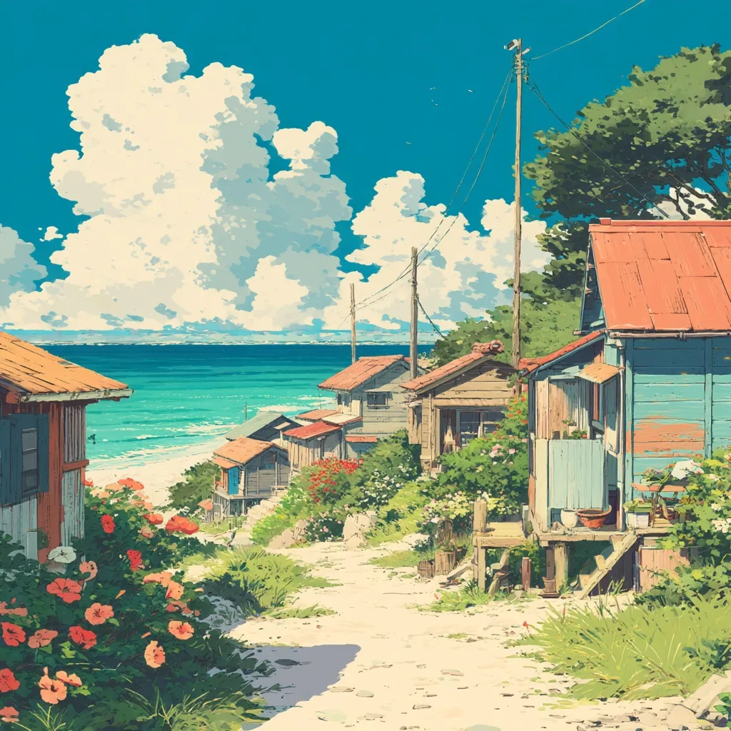 A picturesque coastal village scene unfolds under a vibrant blue sky dotted with fluffy white clouds.  A sandy path winds between charming, colorful beach houses, lush with flowering bushes. The turquoise ocean stretches to the horizon, with gentle waves lapping the shore.  The tranquil atmosphere evokes a sense of peace and summer serenity.