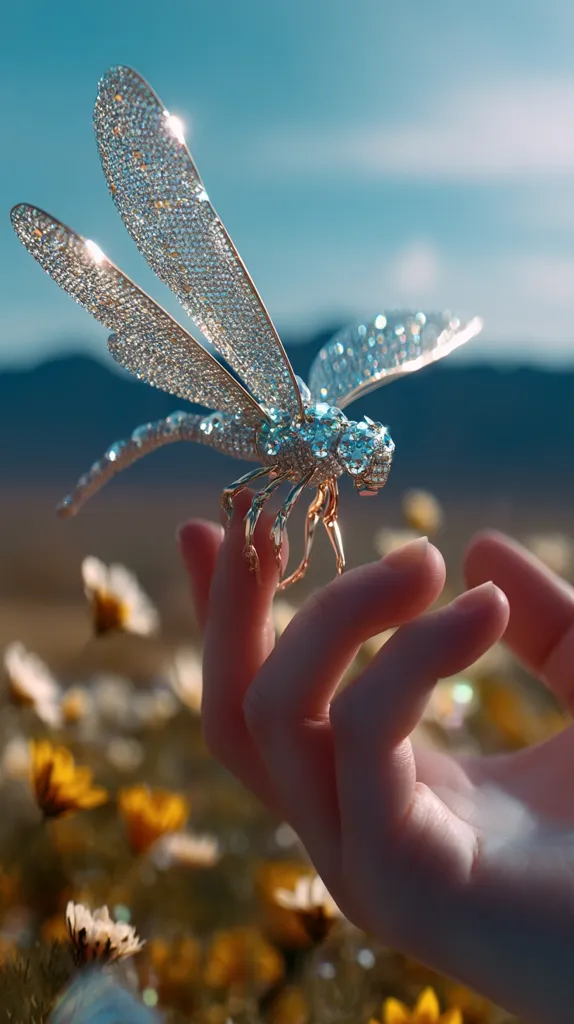 A delicately crafted dragonfly brooch, adorned with sparkling crystals, rests gently on a hand.  The intricate details of the jeweled wings and body shimmer in the sunlight.  The hand is positioned against a blurred backdrop of a sun-drenched field of wildflowers, creating a dreamy, ethereal scene. The overall impression is one of exquisite artistry and delicate beauty.