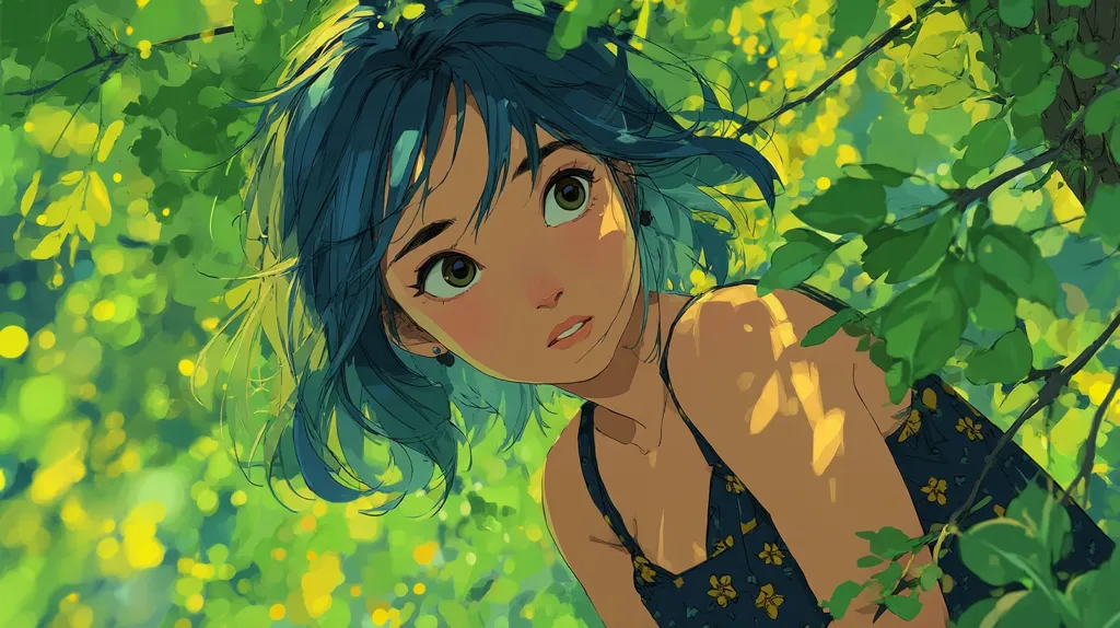 A young woman with short, teal hair looks up, her expression a blend of curiosity and wonder.  She's partially hidden amongst lush, vibrant green foliage, dappled sunlight illuminating her skin and hair.  She wears a dark dress with small yellow flowers, a summery scene suggesting a feeling of peace and tranquility.  The art style is reminiscent of anime, with soft, painterly brushstrokes.