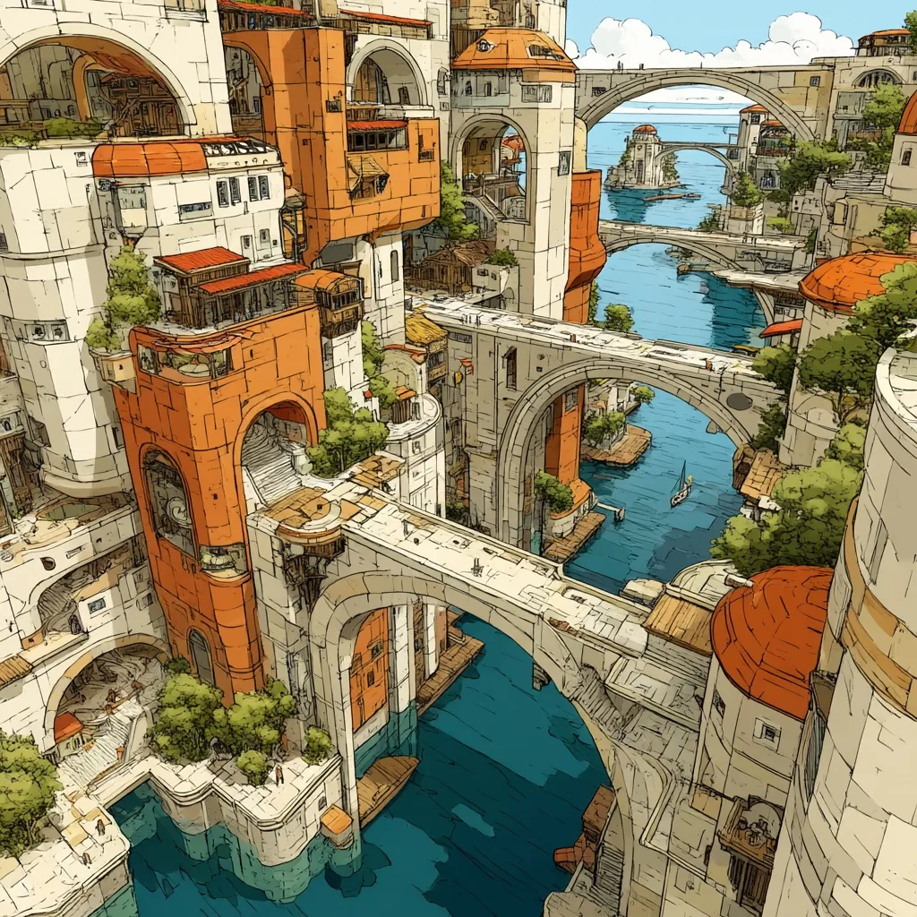 A fantastical city sprawls across a network of waterways, connected by arched bridges.  Buildings of varying heights and terracotta roofs intertwine, creating a dense, layered cityscape. Lush green trees punctuate the architectural maze, suggesting a harmonious blend of nature and urban design.  The water reflects the sky, adding to the dreamlike quality of this imaginary metropolis.  Small boats navigate the canals, hinting at a bustling, yet peaceful, existence within this unique environment.