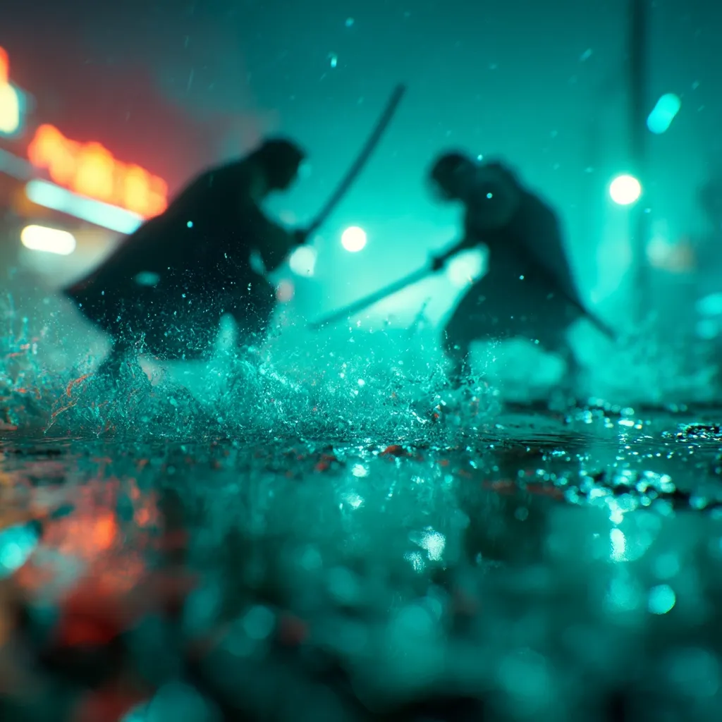 Two blurred figures, possibly samurai, engage in a fierce sword fight under a neon-lit night sky.  Rain splashes around them as their blades clash, creating a dynamic, teal-toned scene. The focus is on the water's surface, reflecting the city lights and the intensity of the combat.  The overall atmosphere is dark, mysterious, and action-packed.
