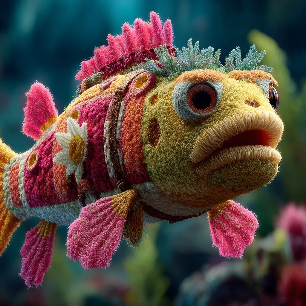 A whimsical, plush-like fish swims through an underwater scene. Its body is a patchwork of vibrant colors and textures, resembling crocheted yarn.  Pink fins, a leafy green crest, and a daisy-like flower adorn its body.  Large, expressive eyes and a slightly surprised expression add to its charming character. The background is blurred, focusing attention on the unique creature.