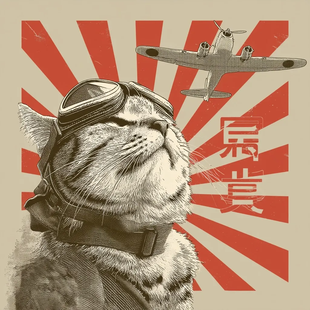 A stylized illustration features a cat wearing aviator goggles and a leather jacket, set against a rising sun backdrop reminiscent of vintage Japanese propaganda posters.  A propeller plane is visible above the cat, adding to the bold, retro aesthetic.  The image uses a monochromatic color palette with sepia tones and a textured effect, suggesting a vintage print or poster design.  Japanese characters are also prominently displayed.
