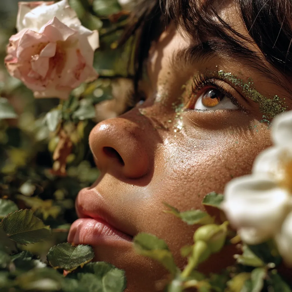 Close-up of a young person's face, partially obscured by lush greenery and delicate pink and white roses.  Sunlight illuminates their skin, which is adorned with subtle, shimmering makeup.  Their eyes are captivating, and their expression is serene, conveying a sense of peace and connection with nature. The overall mood is one of ethereal beauty and tranquility.