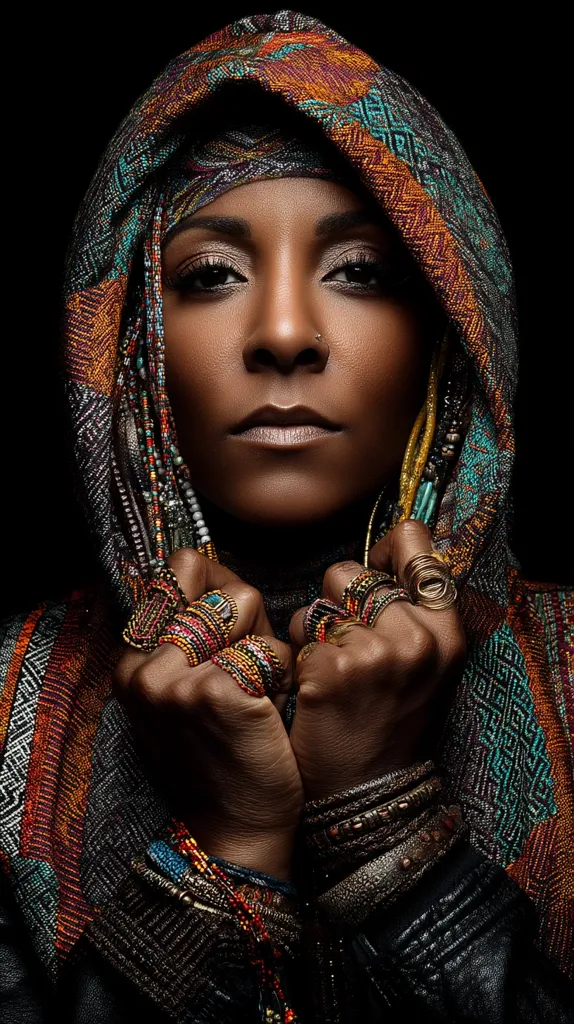 A close-up portrait of a woman with dark skin, adorned in vibrant, patterned headwear and an array of colorful beaded necklaces and bracelets. Her hands are clasped together, showcasing intricate rings. The dark background emphasizes the woman's striking features and the rich textures of her attire and jewelry.  The overall image conveys a sense of strength, elegance, and cultural richness.