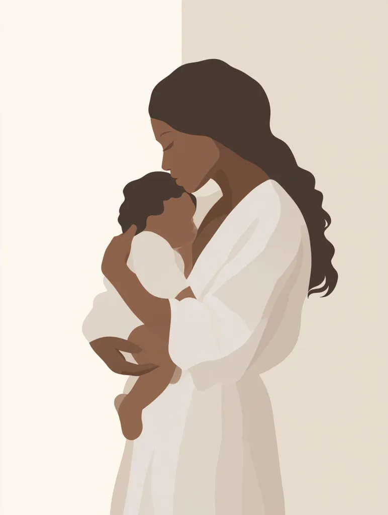 A minimalist illustration depicts a Black mother gently cradling her baby.  The mother, with long dark hair, wears a flowing white robe.  Her tender expression as she holds her child conveys a sense of warmth, love, and peaceful intimacy. The soft color palette and simple lines create a serene and emotionally resonant image.