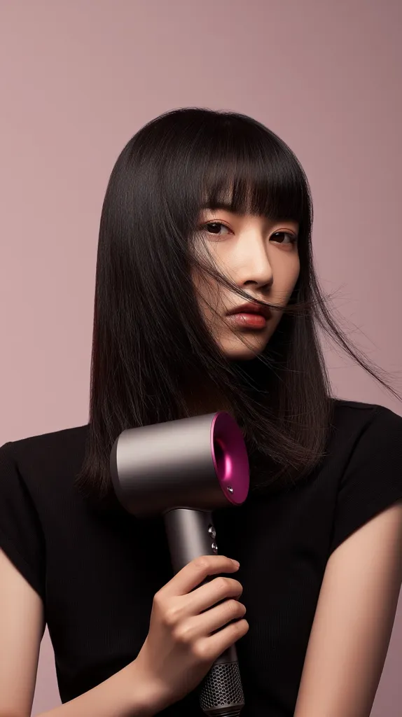 A young woman with straight, black hair that falls just past her shoulders holds a sleek, gray and purple hairdryer.  Her bangs partially obscure her eyes, creating a mysterious look. She is dressed in a simple black t-shirt, and the background is a muted rose. The image is clean and minimalist, focusing on the woman and the product.