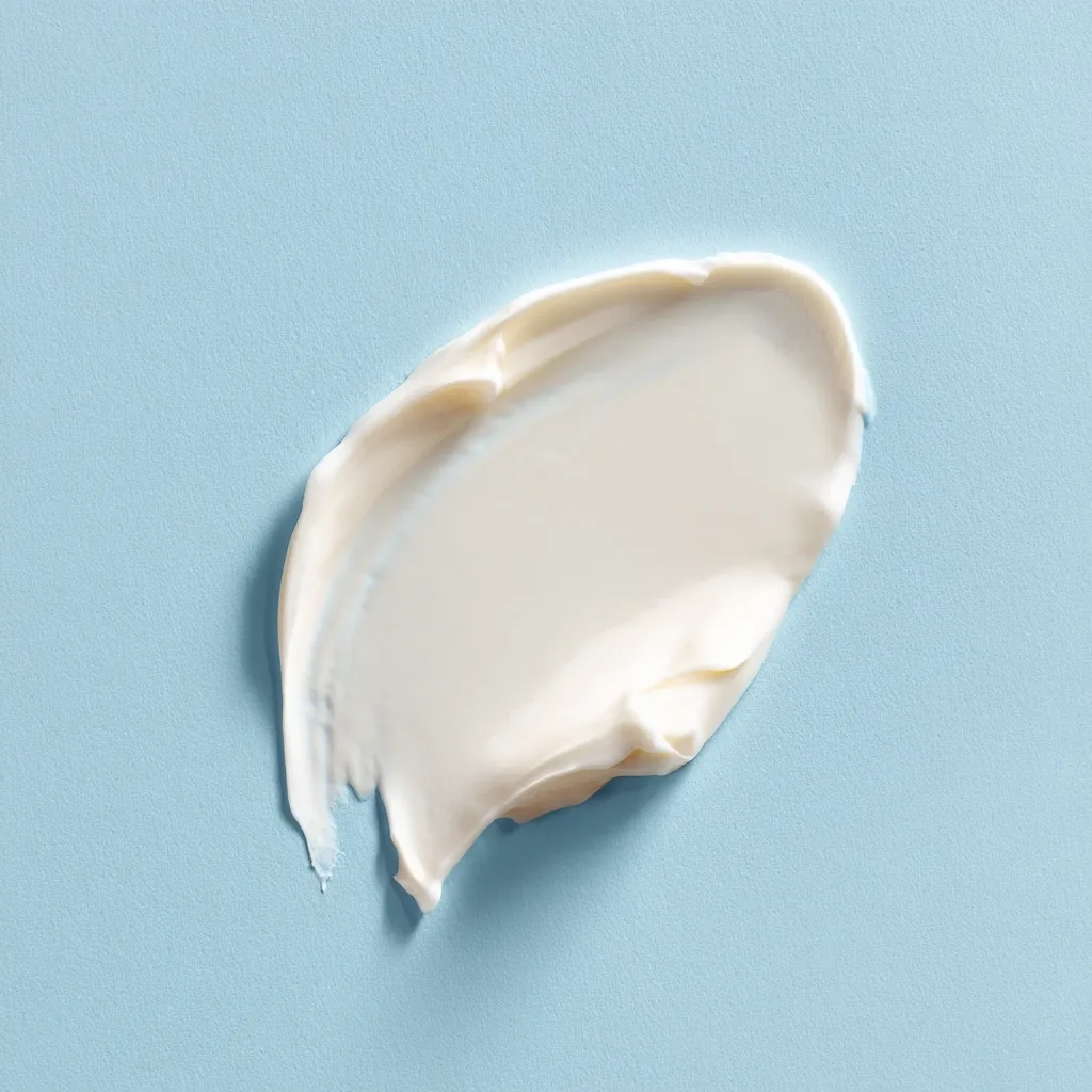 A swatch of creamy white cosmetic product is displayed against a light blue background.  The texture is smooth and slightly textured, showing the consistency of a lotion or cream. The smear is oblong and irregular, suggesting a dab of product applied directly to the surface.  The light blue backdrop provides a clean and simple aesthetic.