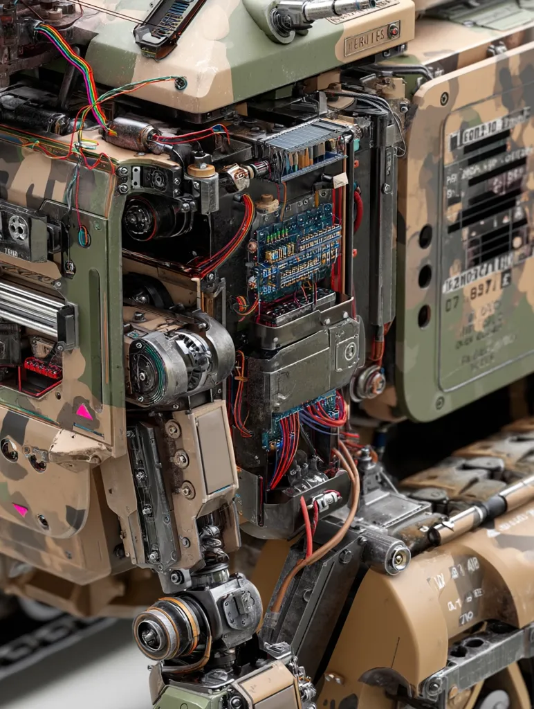 Close-up view of a heavily detailed robotic arm, showcasing intricate internal mechanics.  The robot's exterior is camouflage-painted, contrasting with the exposed wiring, circuits, and mechanical components.  The image highlights the complexity and realism of the robot's design, with visible wear and weathering adding to its aesthetic.  Various labels and numbers are subtly visible on the machine's surface.