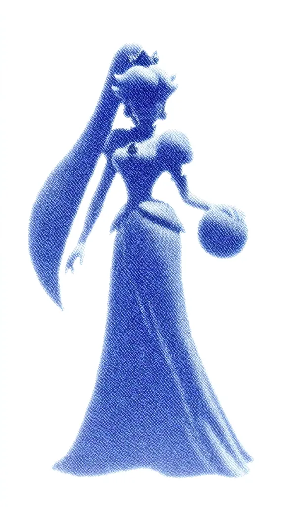 A stylized, pointillist depiction of Princess Peach from the Mario franchise.  Rendered in shades of blue, she's shown in her iconic gown, long flowing hair, and crown. She holds a spherical object, possibly a power-up, in her hand. The image evokes a sense of elegance and classic video game aesthetic. The pointillist style gives the image a unique texture and visual interest.