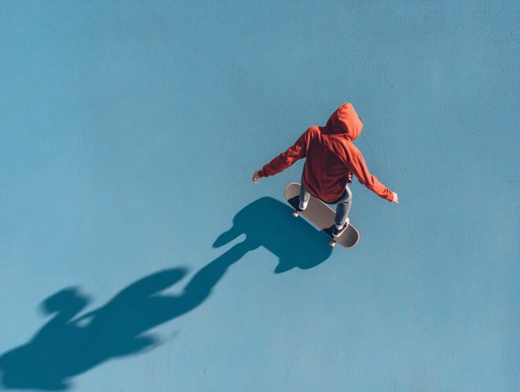 High-angle view of a skateboarder wearing a red hoodie, riding a skateboard on a bright blue surface.  The skateboarder's shadow is cast prominently on the ground. The scene is minimalist and evokes a sense of freedom and movement.  The overall tone is vibrant and youthful.