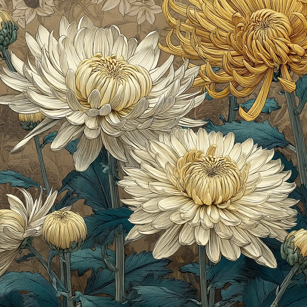 A close-up illustration showcases a cluster of chrysanthemums in varying shades of cream and gold.  The flowers are intricately detailed, with their numerous petals depicted in a style reminiscent of botanical art. The background features muted brown tones, providing a contrast to the vibrant blooms and their deep teal foliage.  The overall impression is one of elegance and natural beauty.