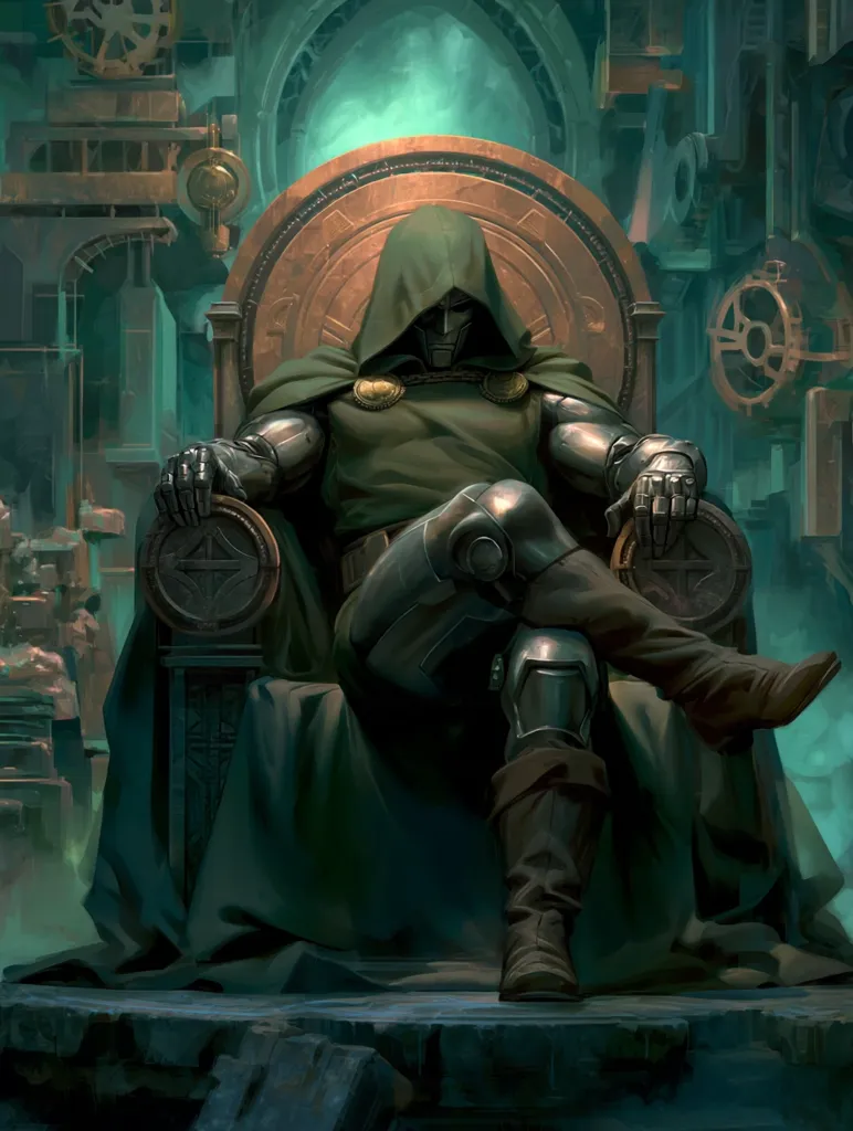 Doctor Doom sits upon his ornate throne, a figure of imposing power.  Clad in his signature green hooded cloak and metallic armor, he exudes an aura of authority.  The throne is intricately designed, situated within a grand, mechanical chamber, hinting at his technological mastery. His posture is regal yet menacing, suggesting a ruler with absolute control. The overall scene is dark and dramatic, enhancing Doom's intimidating presence.